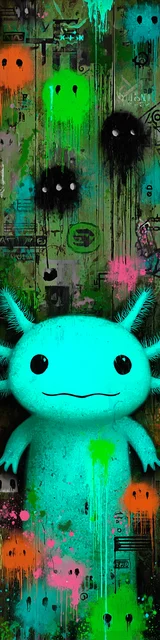 Free printable axolotl bookmark featuring a neon green axolotl with spots behind it